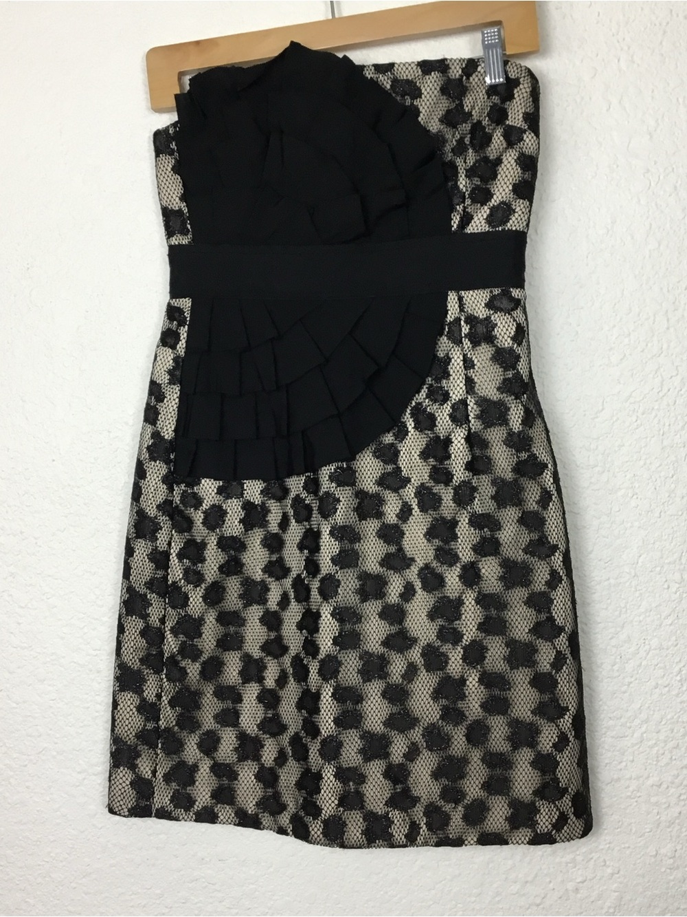 Strapless Black and Cream Patterned Ruffle Dress